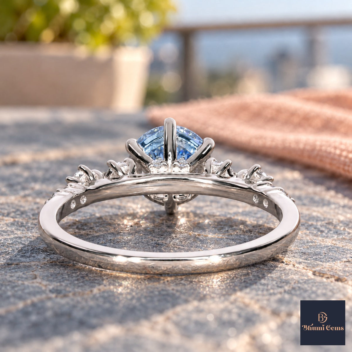 Blue Round Cut Lab Grown Diamond Engagement Ring - Cluster Shoulders in white gold, gallery view