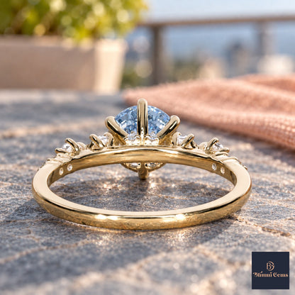 Blue Round Cut Lab Grown Diamond Engagement Ring - Cluster Shoulders in yellow gold, gallery view