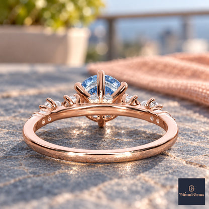 Blue Round Cut Lab Grown Diamond Engagement Ring - Cluster Shoulders in rose gold, gallery view