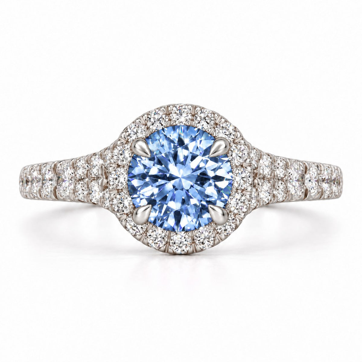 Blue Round Cut Lab Grown Diamond Engagement Ring - Halo Pave in white gold, front view