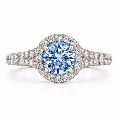 Blue Round Cut Lab Grown Diamond Engagement Ring - Halo Pave in white gold, front view