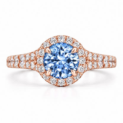 Blue Round Cut Lab Grown Diamond Engagement Ring - Halo Pave in rose gold, front view