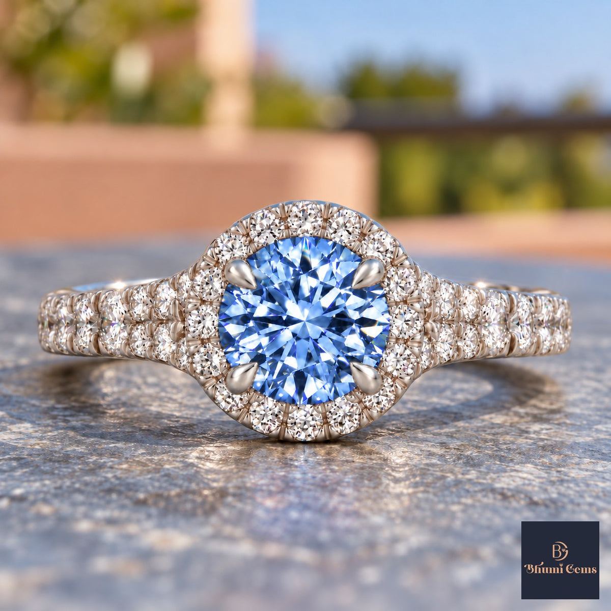 Blue Round Cut Lab Grown Diamond Engagement Ring - Halo Pave in white gold, close-up