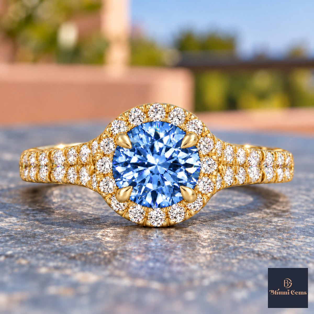 Blue Round Cut Lab Grown Diamond Engagement Ring - Halo Pave in yellow gold, close-up