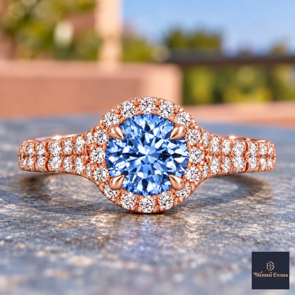 Blue Round Cut Lab Grown Diamond Engagement Ring - Halo Pave in rose gold, close-up