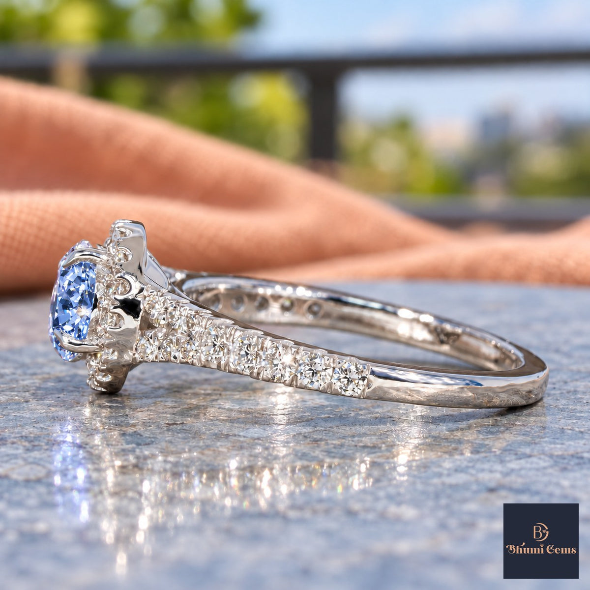 Blue Round Cut Lab Grown Diamond Engagement Ring - Halo Pave in white gold, side view