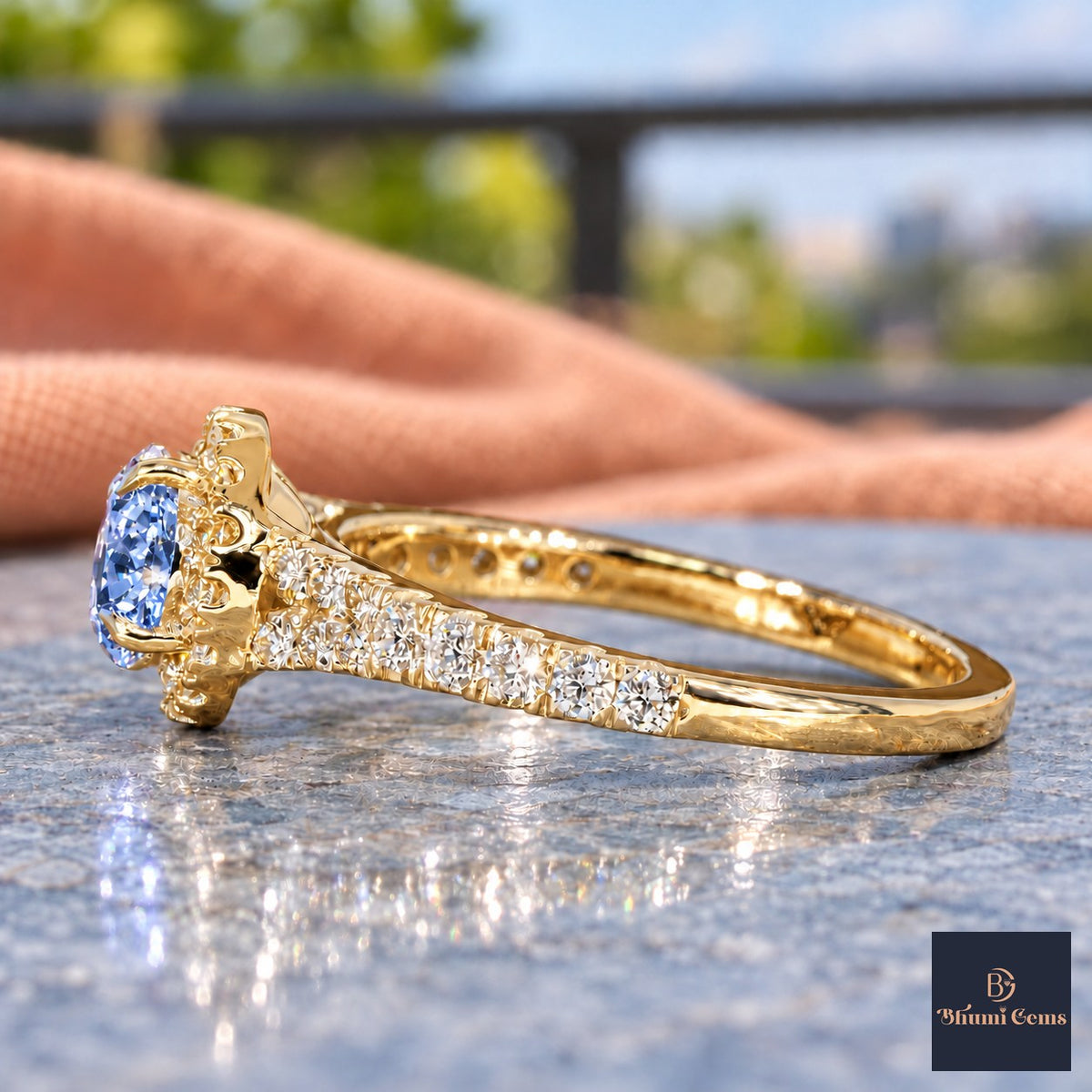 Blue Round Cut Lab Grown Diamond Engagement Ring - Halo Pave in yellow gold, side view