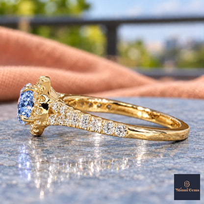 Blue Round Cut Lab Grown Diamond Engagement Ring - Halo Pave in yellow gold, side view