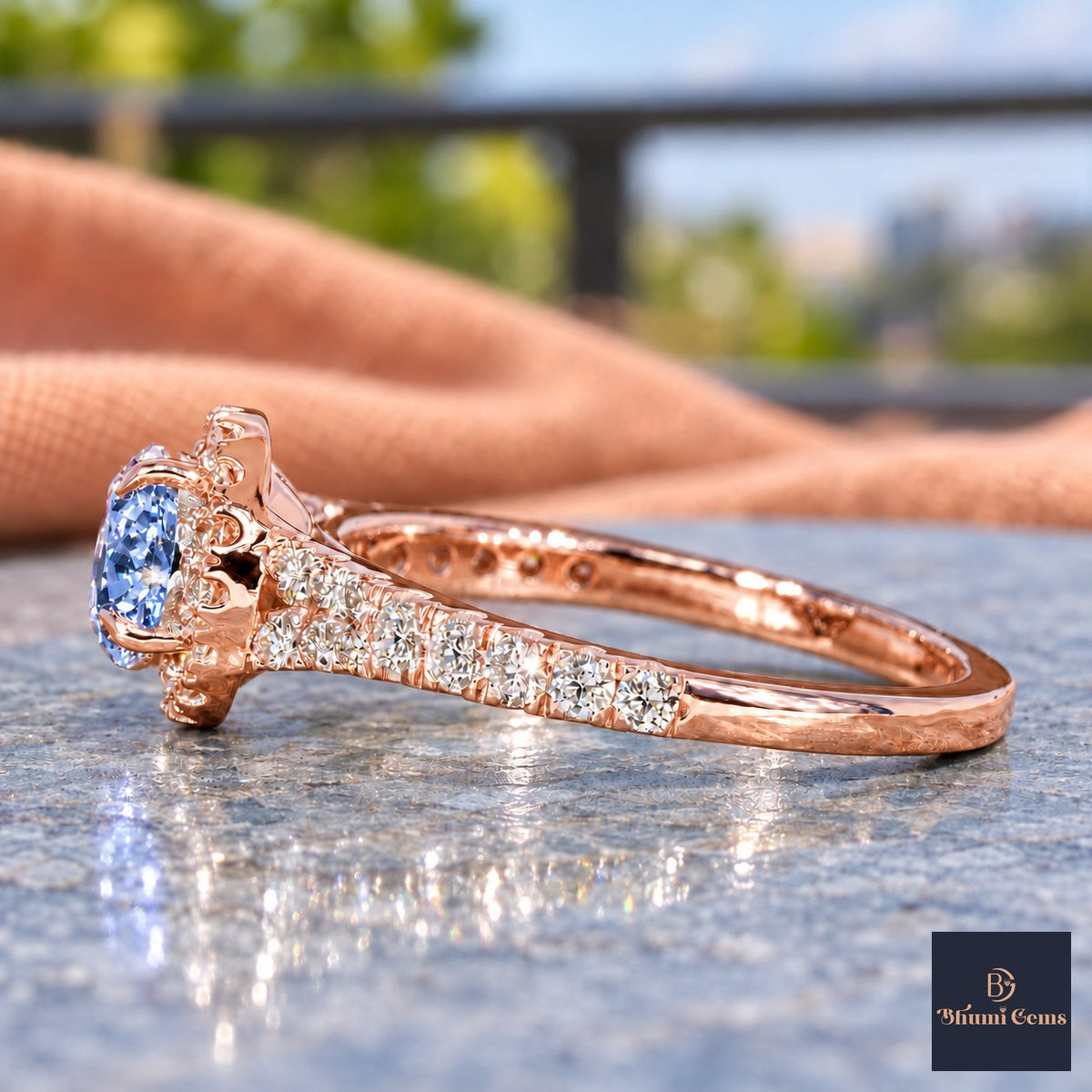 Blue Round Cut Lab Grown Diamond Engagement Ring - Halo Pave in rose gold, side view