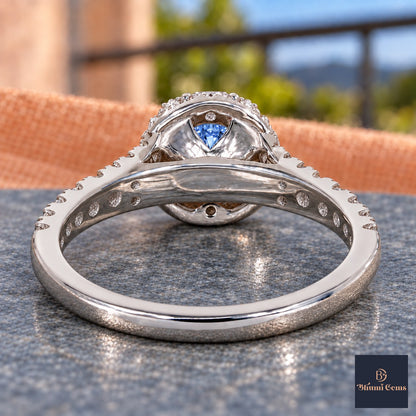 Blue Round Cut Lab Grown Diamond Engagement Ring - Halo Pave in white gold, gallery view