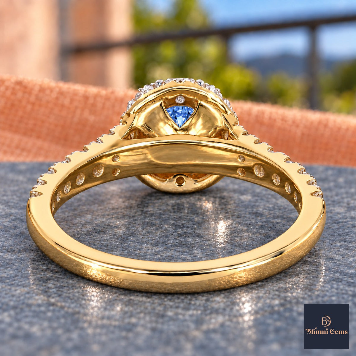 Blue Round Cut Lab Grown Diamond Engagement Ring - Halo Pave in yellow gold, gallery view