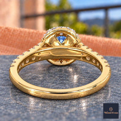 Blue Round Cut Lab Grown Diamond Engagement Ring - Halo Pave in yellow gold, gallery view