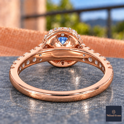 Blue Round Cut Lab Grown Diamond Engagement Ring - Halo Pave in rose gold, gallery view