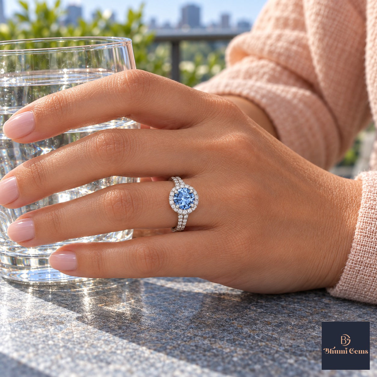 Blue Round Cut Lab Grown Diamond Engagement Ring - Halo Pave in white gold, on the hand
