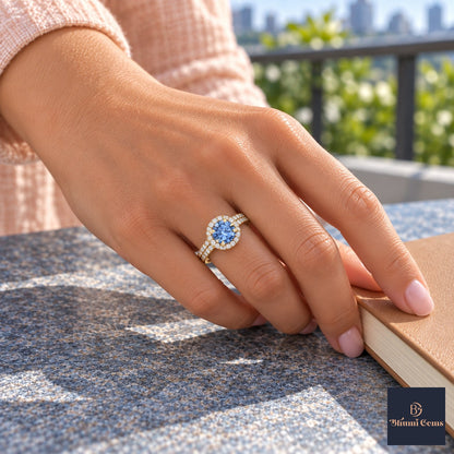 Blue Round Cut Lab Grown Diamond Engagement Ring - Halo Pave in yellow gold, on the hand