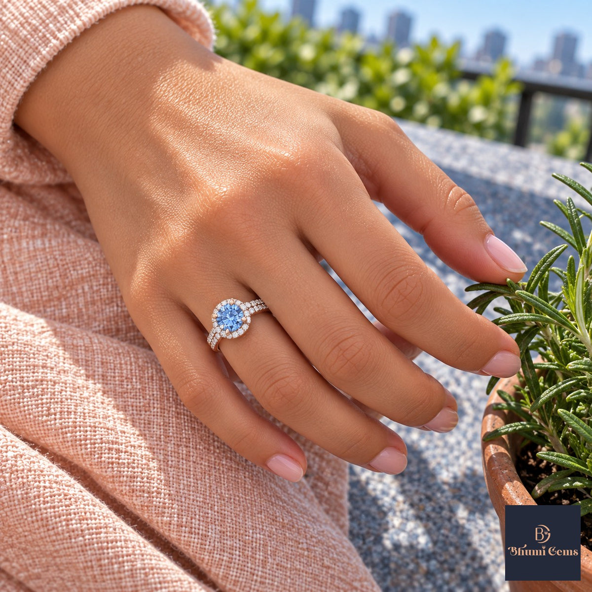 Blue Round Cut Lab Grown Diamond Engagement Ring - Halo Pave in rose gold, on the hand