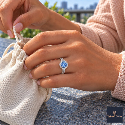 Blue Round Cut Lab Grown Diamond Engagement Ring - Halo Pave in white gold, worn on the hand