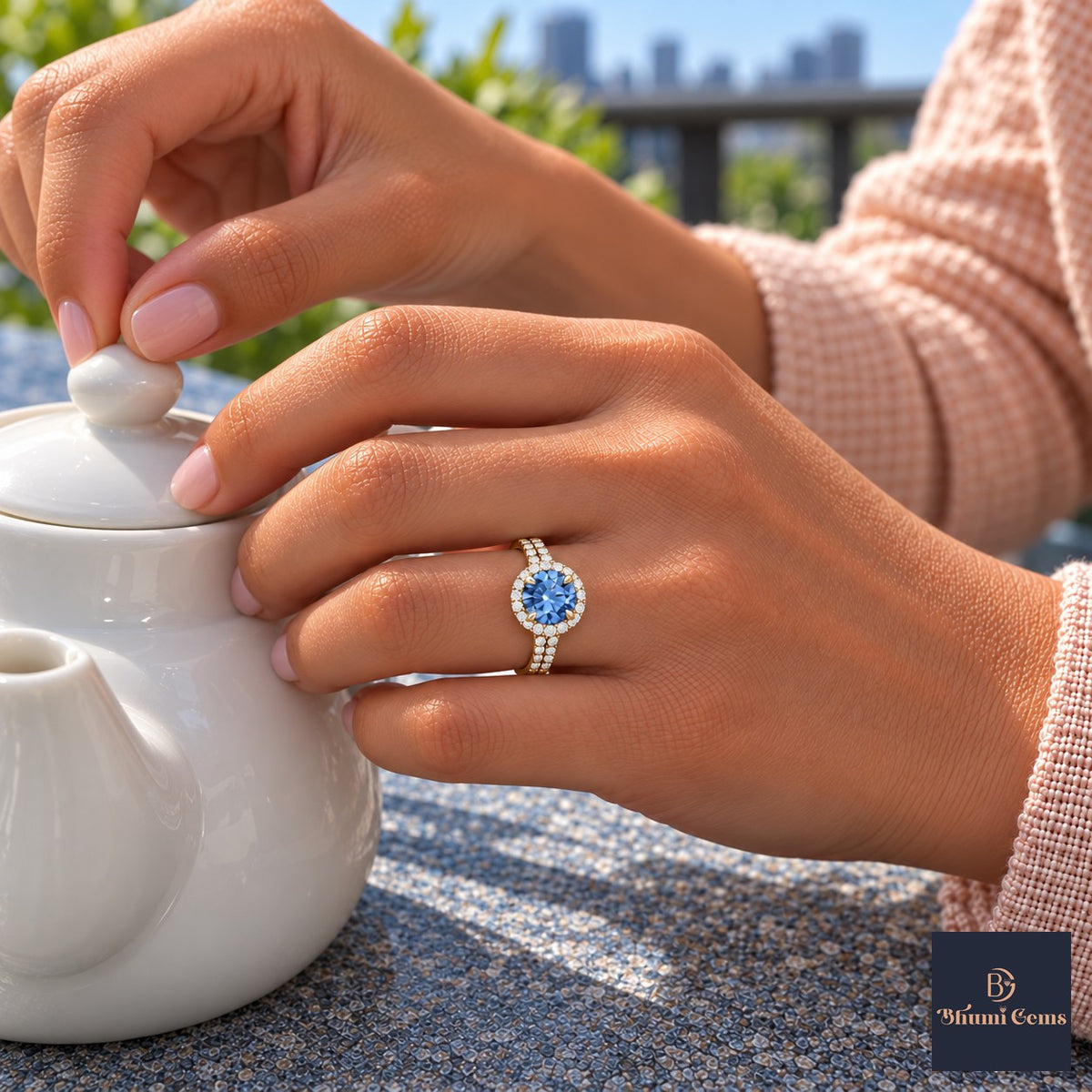 Blue Round Cut Lab Grown Diamond Engagement Ring - Halo Pave in yellow gold, worn on the hand
