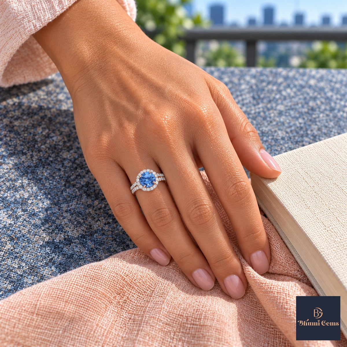 Blue Round Cut Lab Grown Diamond Engagement Ring - Halo Pave in rose gold, worn on the hand