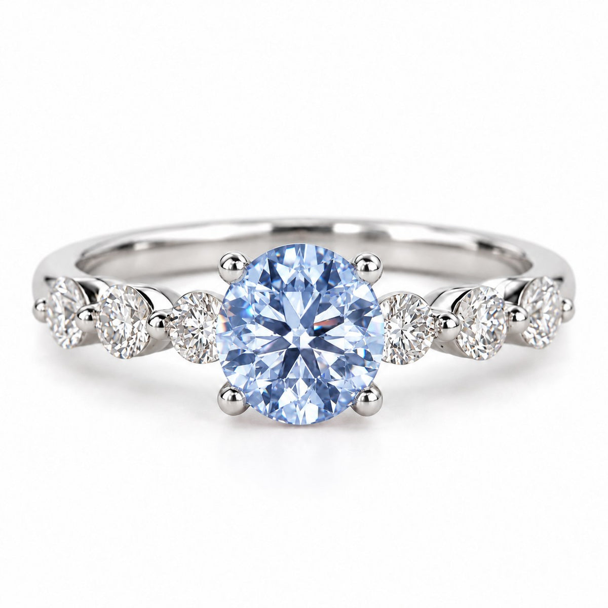 Blue Round Cut Lab Grown Diamond Engagement Ring - Marquise and Round Station Band in white gold, front view