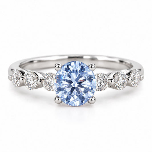 Blue Round Cut Lab Grown Diamond Engagement Ring - Marquise and Round Station Band in white gold, front view