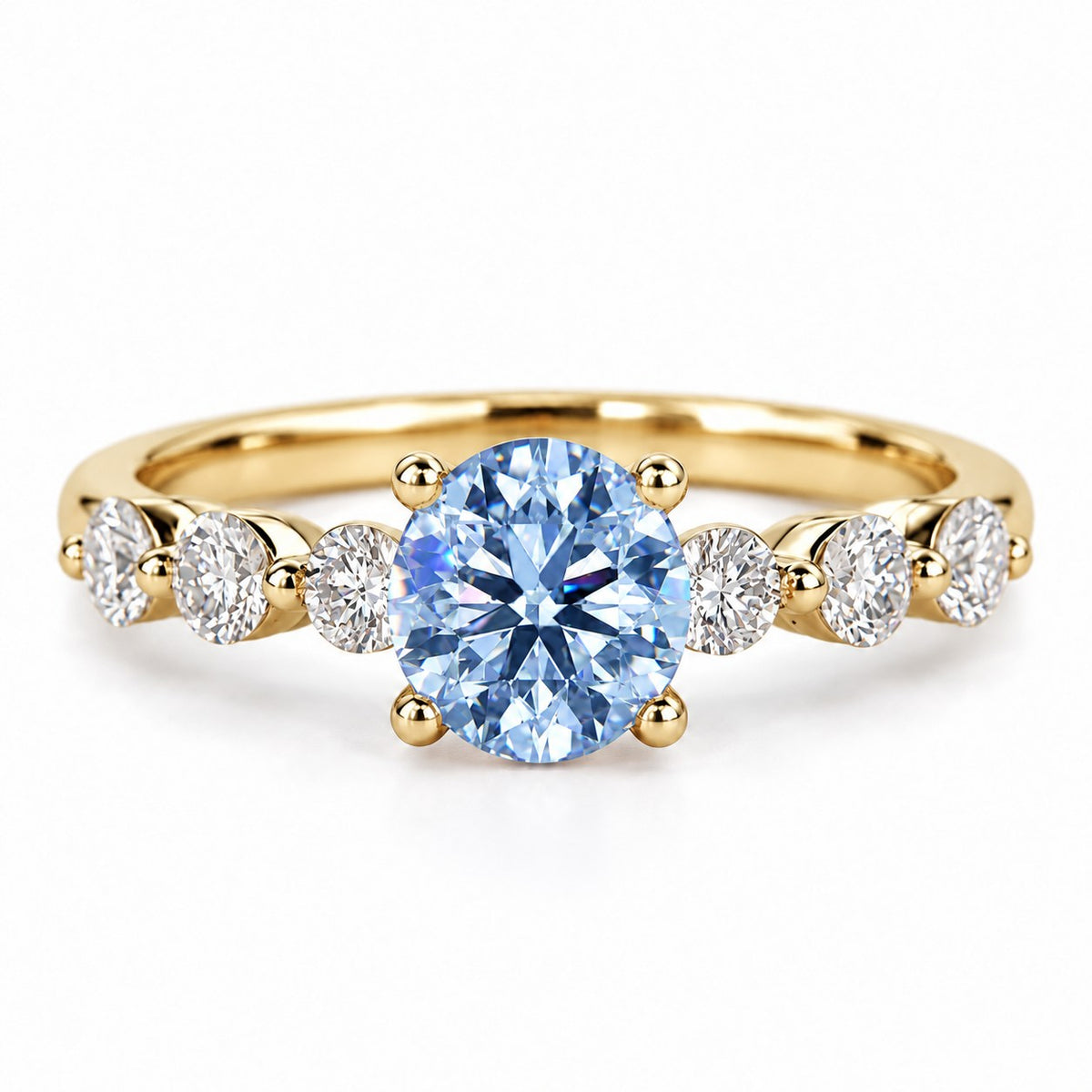 Blue Round Cut Lab Grown Diamond Engagement Ring - Marquise and Round Station Band in yellow gold, front view