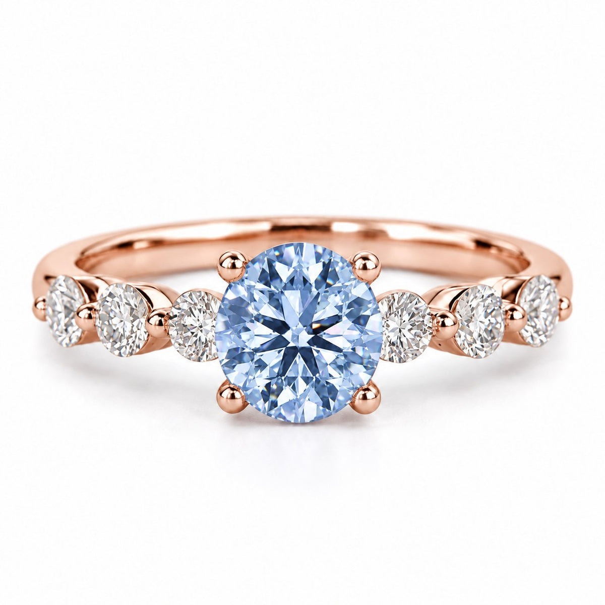 Blue Round Cut Lab Grown Diamond Engagement Ring - Marquise and Round Station Band in rose gold, front view