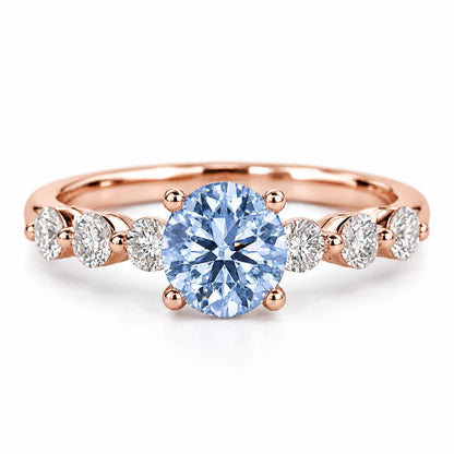Blue Round Cut Lab Grown Diamond Engagement Ring - Marquise and Round Station Band in rose gold, front view