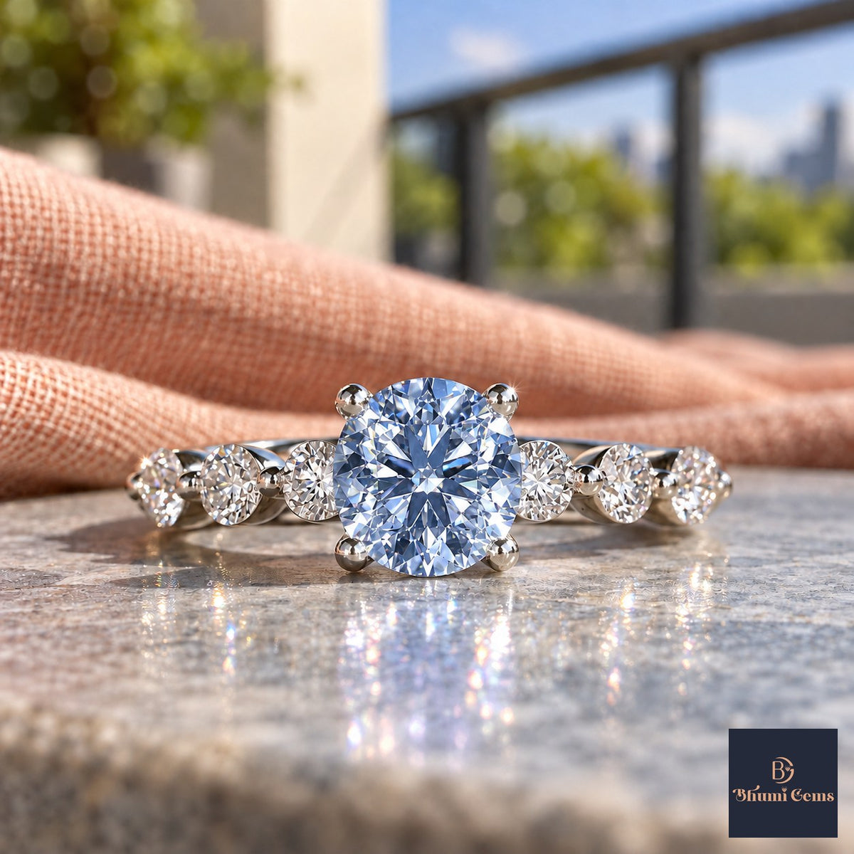 Blue Round Cut Lab Grown Diamond Engagement Ring - Marquise and Round Station Band in white gold, close-up