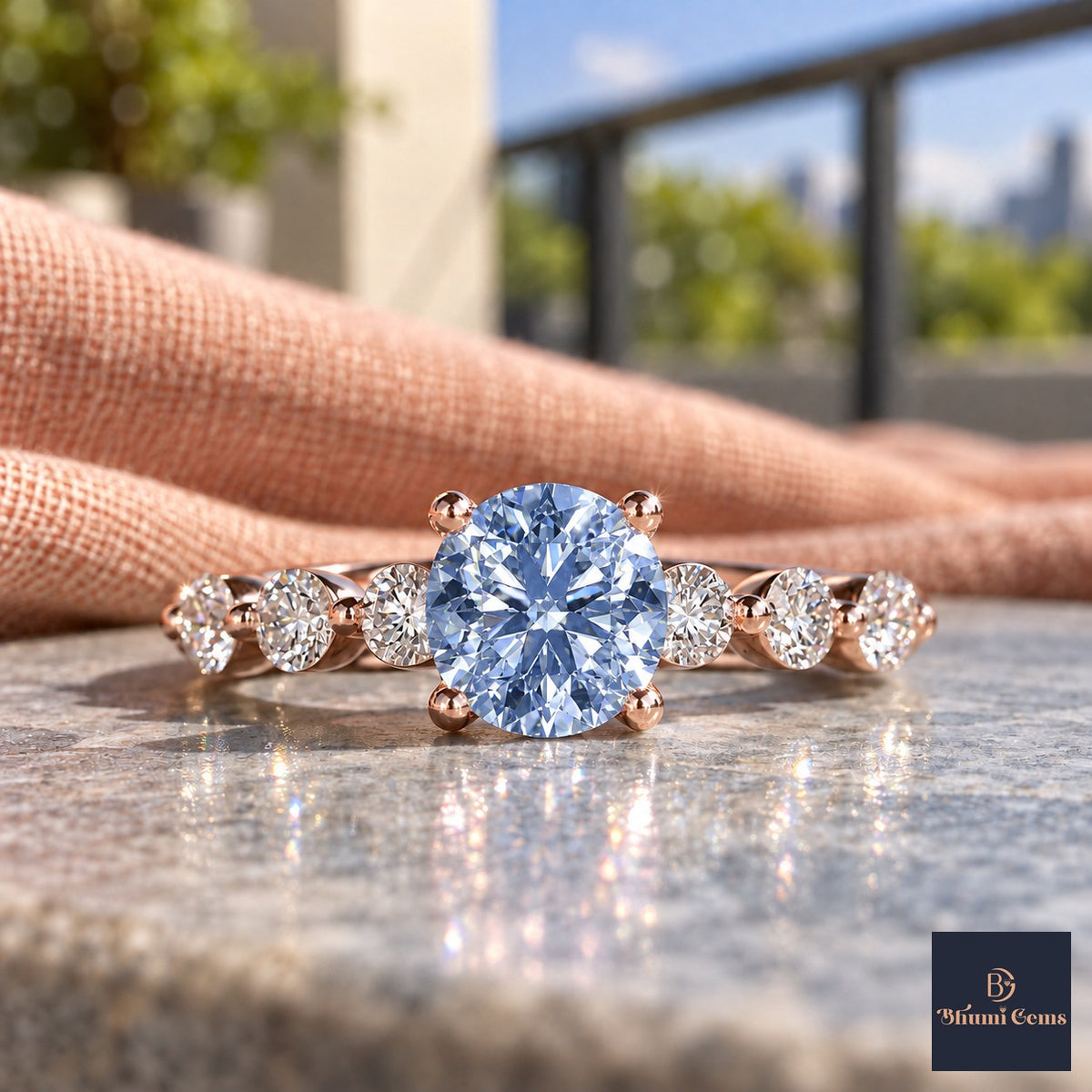 Blue Round Cut Lab Grown Diamond Engagement Ring - Marquise and Round Station Band in rose gold, close-up