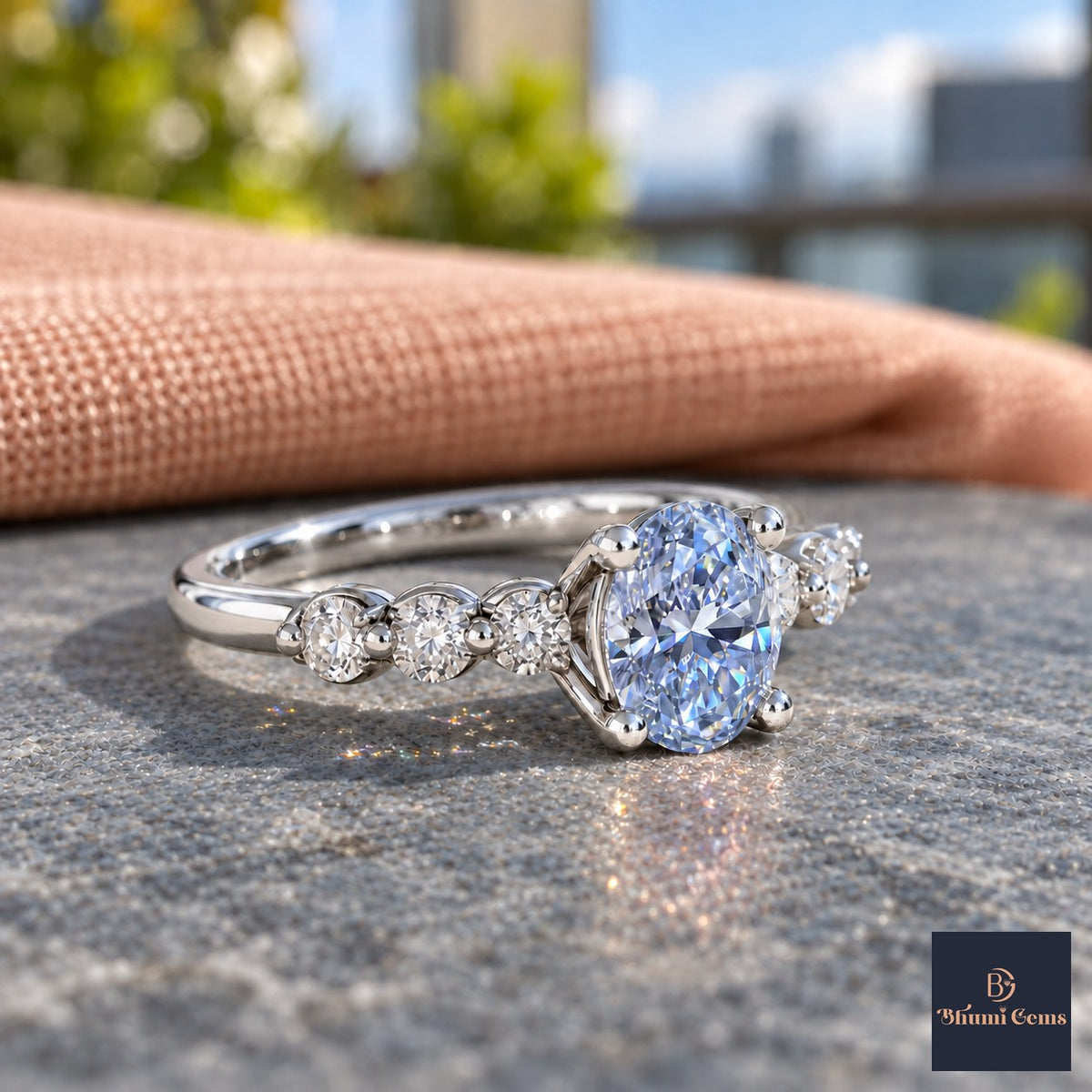 Blue Round Cut Lab Grown Diamond Engagement Ring - Marquise and Round Station Band in white gold, side view