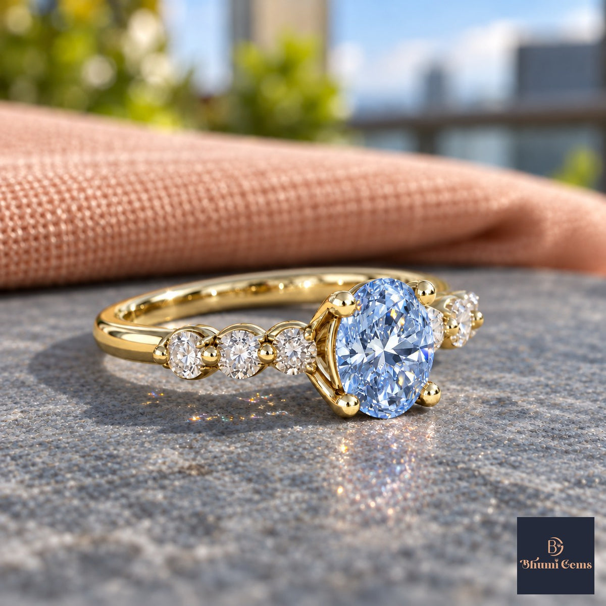 Blue Round Cut Lab Grown Diamond Engagement Ring - Marquise and Round Station Band in yellow gold, side view