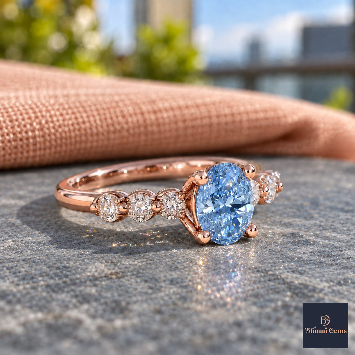 Blue Round Cut Lab Grown Diamond Engagement Ring - Marquise and Round Station Band in rose gold, side view