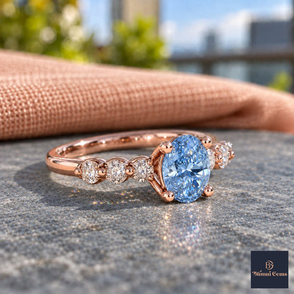 Blue Round Cut Lab Grown Diamond Engagement Ring - Marquise and Round Station Band in rose gold, side view