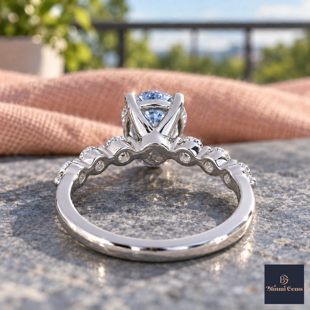 Blue Round Cut Lab Grown Diamond Engagement Ring - Marquise and Round Station Band in white gold, gallery view