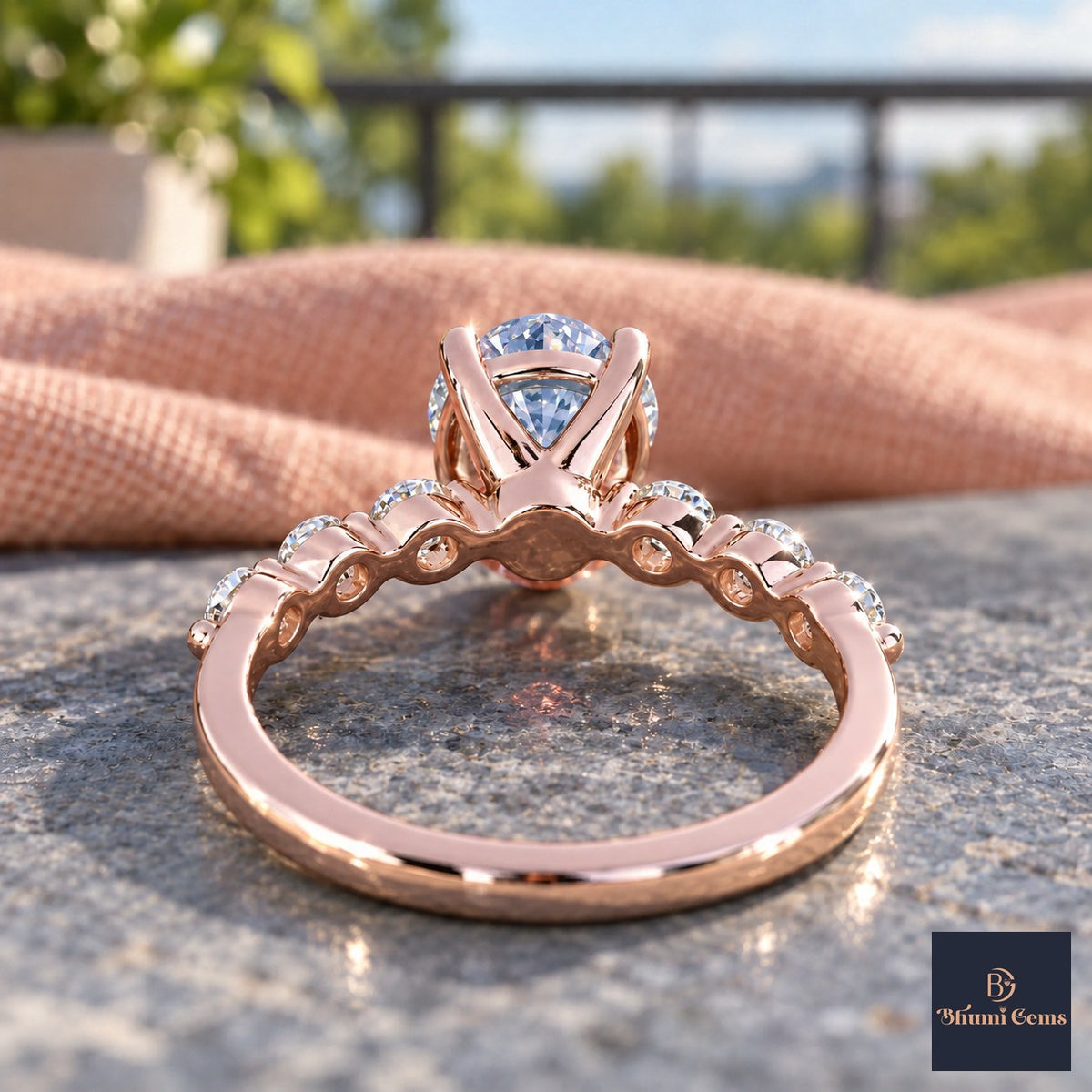 Blue Round Cut Lab Grown Diamond Engagement Ring - Marquise and Round Station Band in rose gold, gallery view