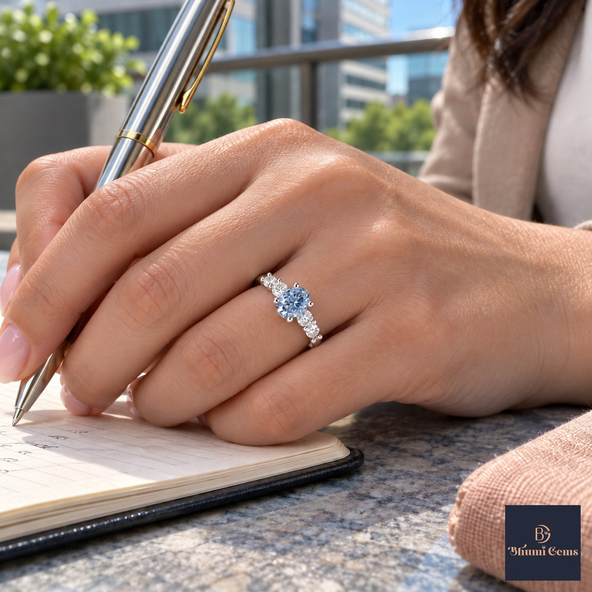 Blue Round Cut Lab Grown Diamond Engagement Ring - Marquise and Round Station Band in white gold, on the hand