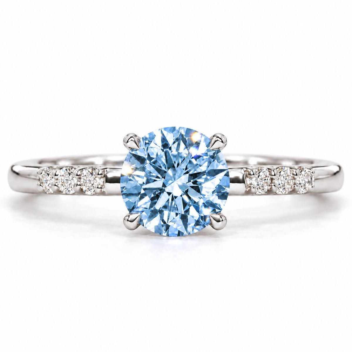 Blue Round Cut Lab Grown Diamond Engagement Ring - Pave Shoulders in white gold, front view