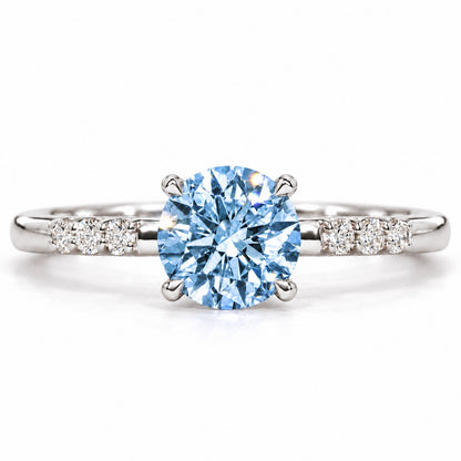Blue Round Cut Lab Grown Diamond Engagement Ring - Pave Shoulders in white gold, front view