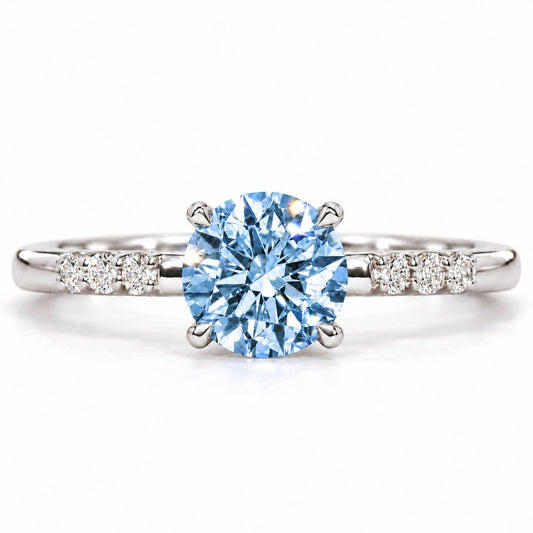Blue Round Cut Lab Grown Diamond Engagement Ring - Pave Shoulders in white gold, front view