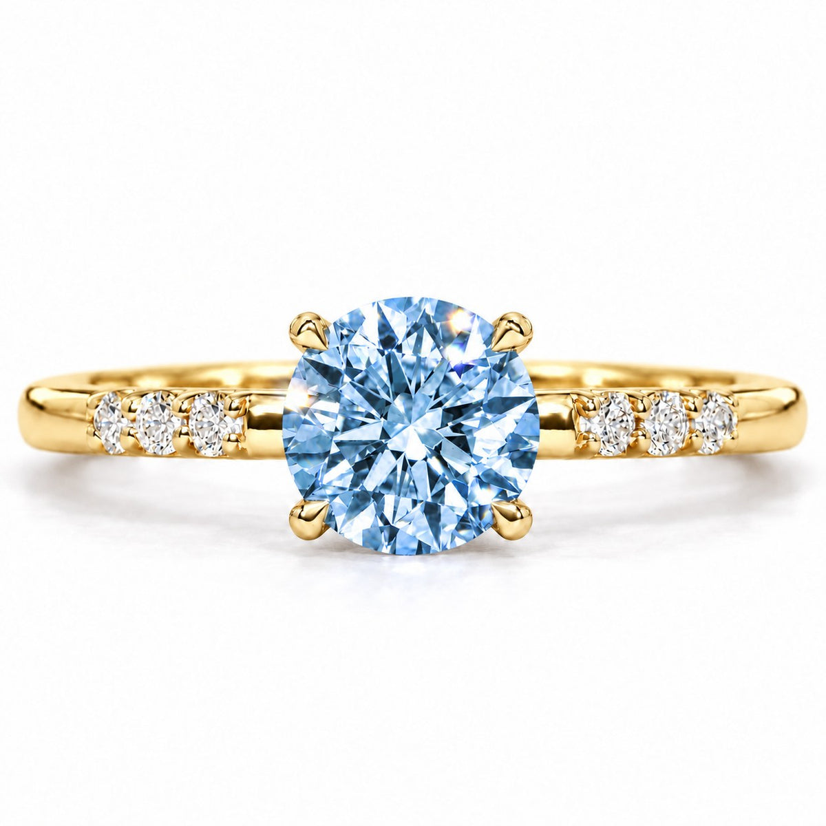 Blue Round Cut Lab Grown Diamond Engagement Ring - Pave Shoulders in yellow gold, front view