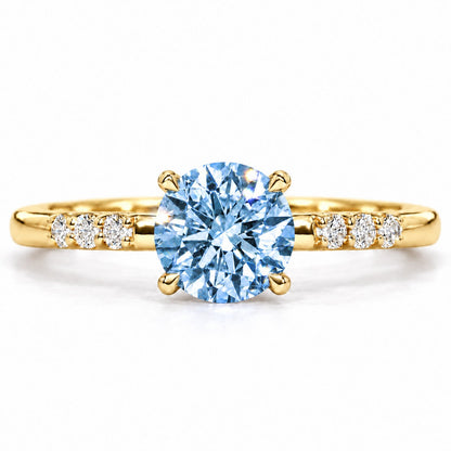 Blue Round Cut Lab Grown Diamond Engagement Ring - Pave Shoulders in yellow gold, front view
