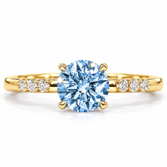 Blue Round Cut Lab Grown Diamond Engagement Ring - Pave Shoulders in yellow gold, front view