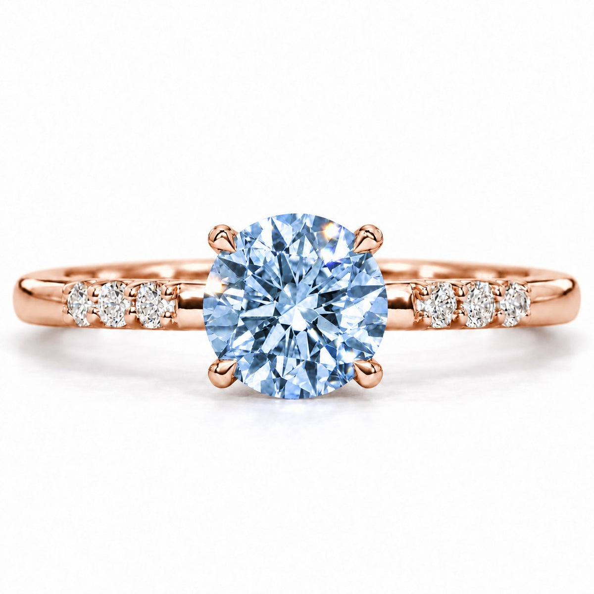 Blue Round Cut Lab Grown Diamond Engagement Ring - Pave Shoulders in rose gold, front view