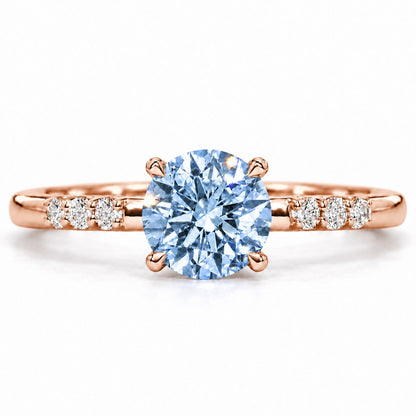Blue Round Cut Lab Grown Diamond Engagement Ring - Pave Shoulders in rose gold, front view