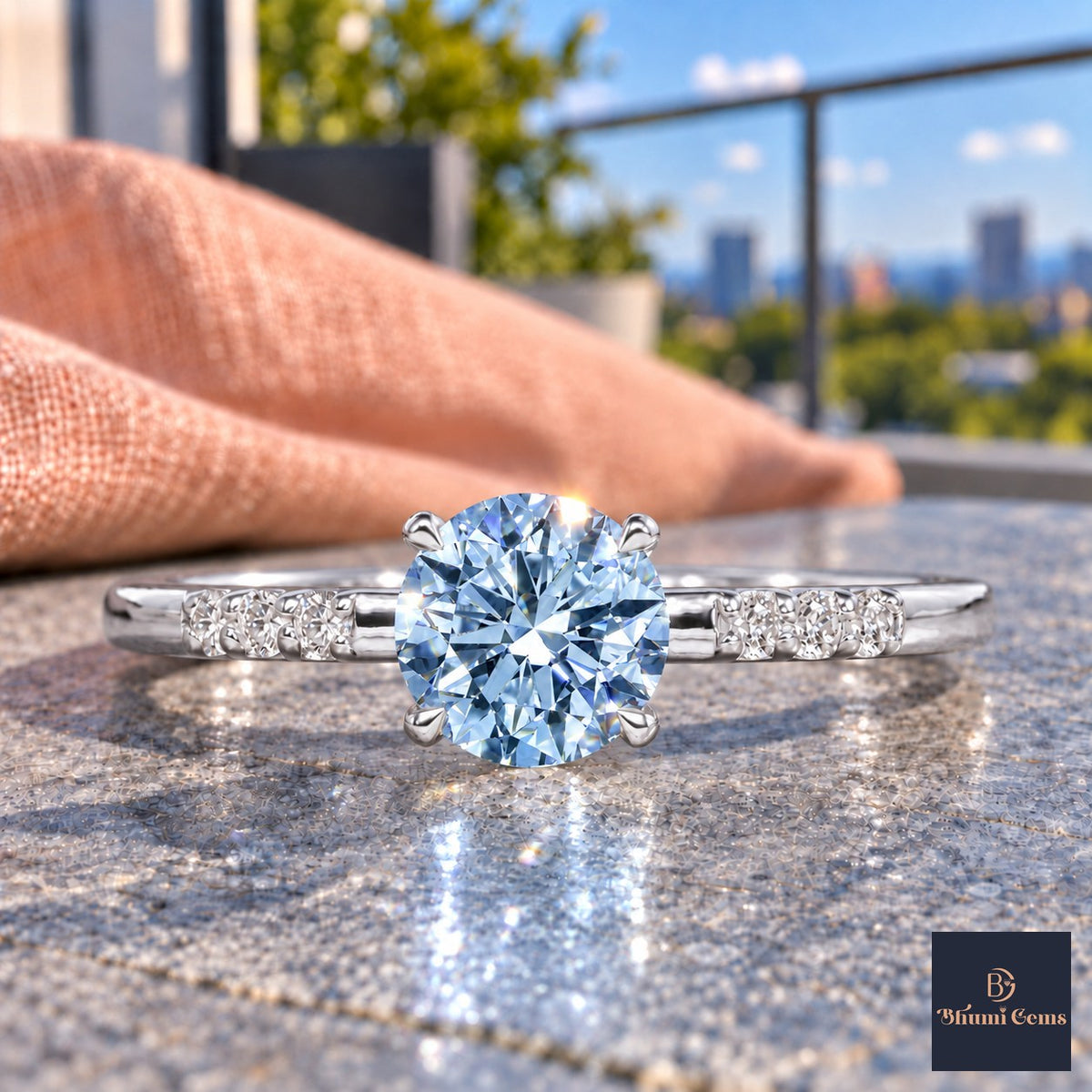 Blue Round Cut Lab Grown Diamond Engagement Ring - Pave Shoulders in white gold, close-up