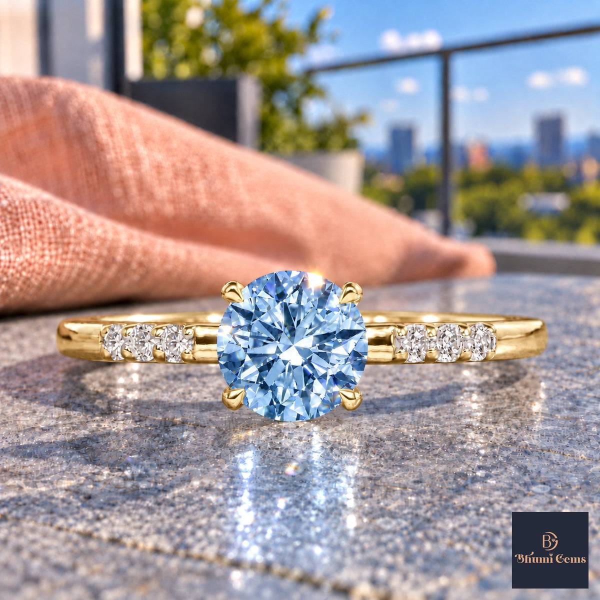 Blue Round Cut Lab Grown Diamond Engagement Ring - Pave Shoulders in yellow gold, close-up