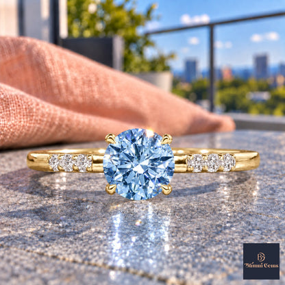 Blue Round Cut Lab Grown Diamond Engagement Ring - Pave Shoulders in yellow gold, close-up