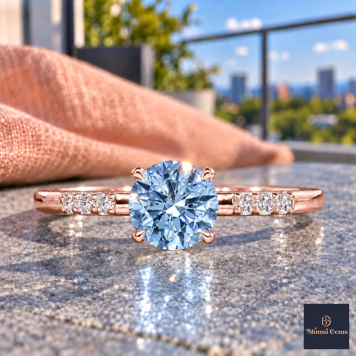 Blue Round Cut Lab Grown Diamond Engagement Ring - Pave Shoulders in rose gold, close-up