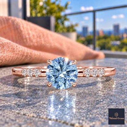 Blue Round Cut Lab Grown Diamond Engagement Ring - Pave Shoulders in rose gold, close-up